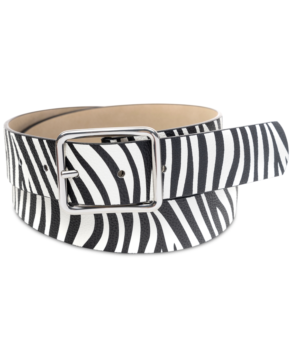 Women's Zebra-Print Faux-Leather Belt, Created for Macy's - Black White