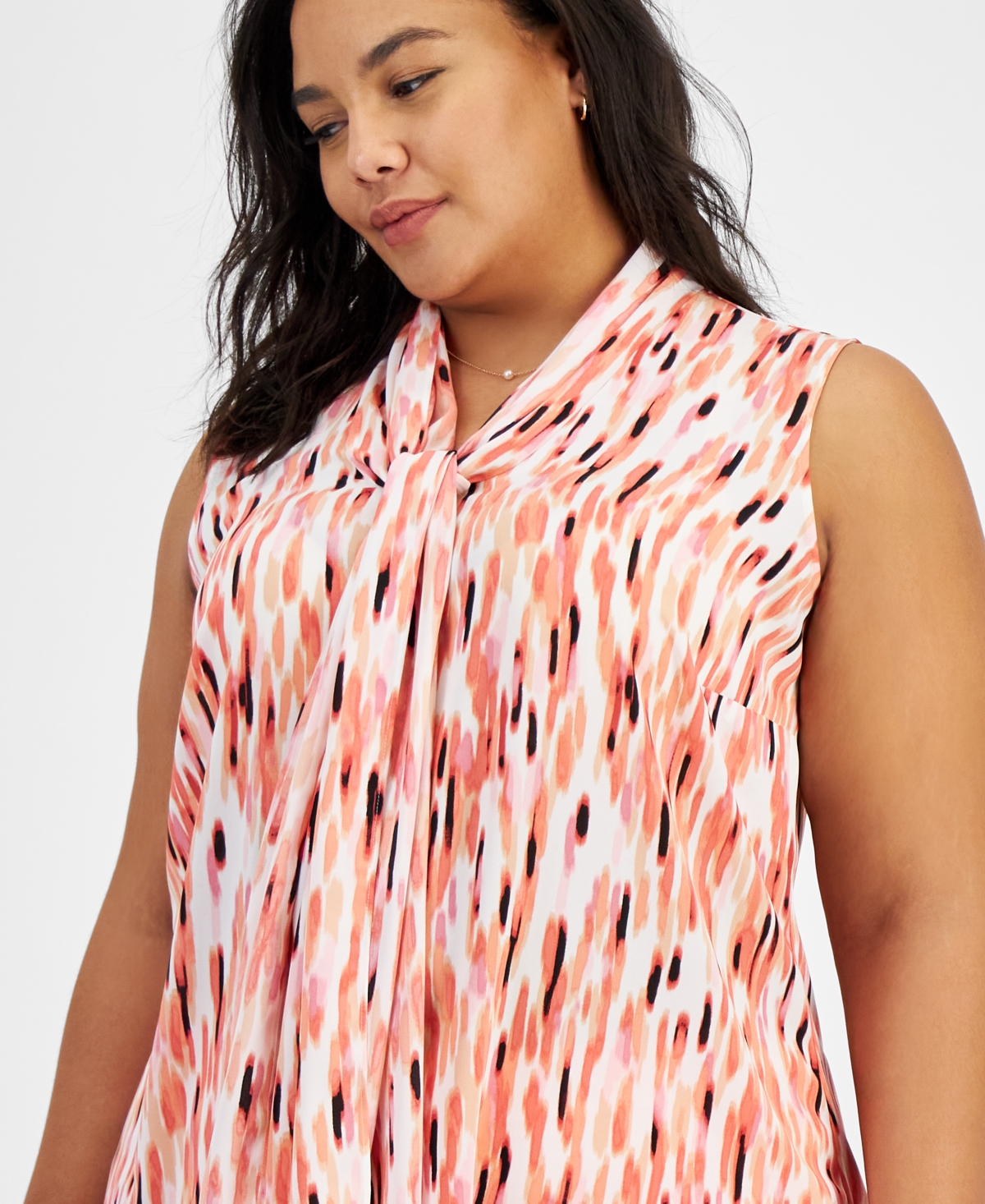 Shop Bar Iii Plus Size Printed Sleeveless Bow Neck Blouse, Created For Macy's In Blanc,peach Amber Multi