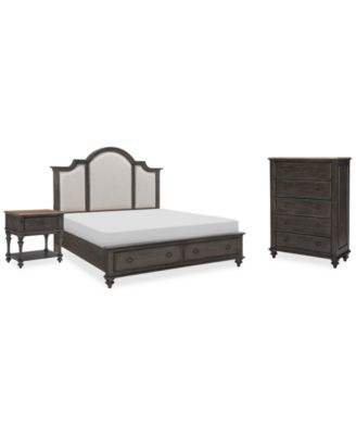 Mandeville 3pc Bedroom Set (Upholstered Queen Storage Bed + Drawer Chest + 1-Drawer Nightstand)