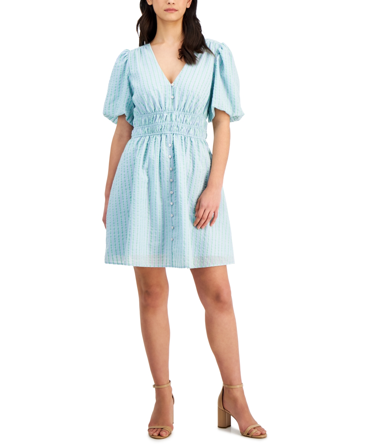 Shop Kit & Sky Women's Striped V-neck Seersucker Short-sleeve Dress In Aqua,seafoam