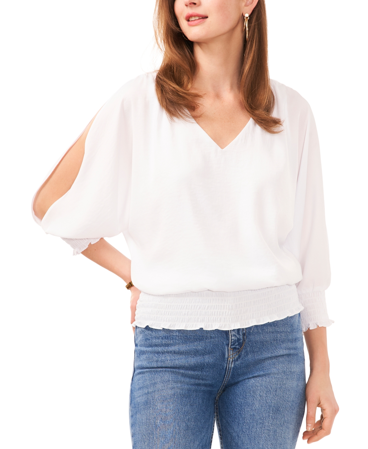 Shop Sam & Jess Women's Smocked-waist Cold Shoulder V-neck Top In Bright White