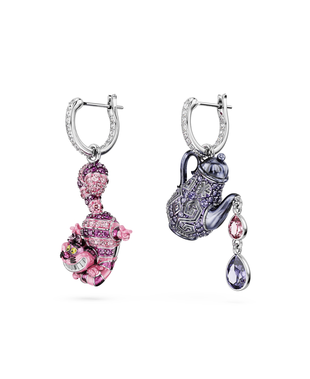 Swarovski Asymmetrical Design, Cat and Teapot, Rhodium Plated Alice In Wonderland Drop Earrings - Multicolored