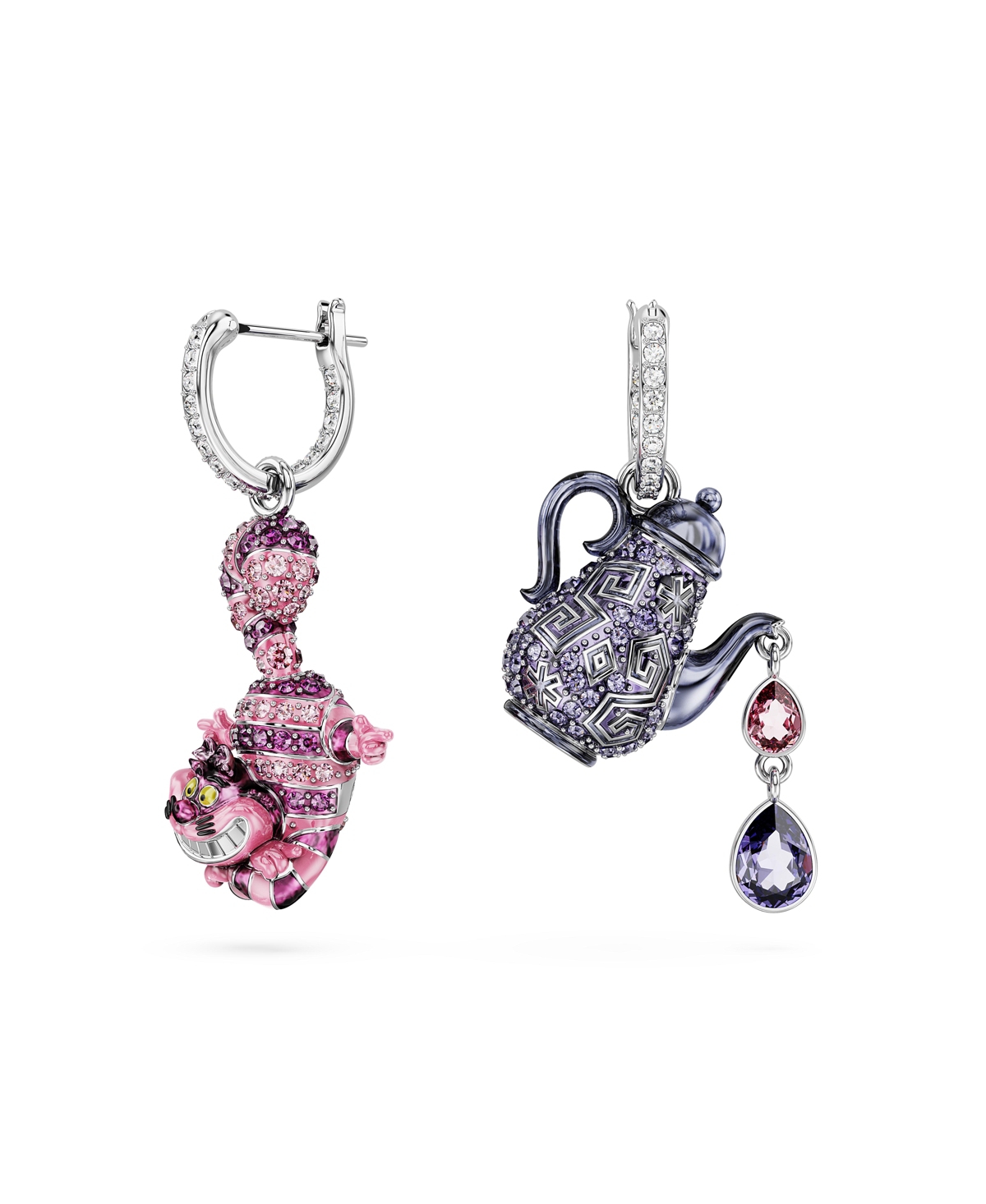 Swarovski Asymmetrical Design, Cat and Teapot, Rhodium Plated Alice In Wonderland Drop Earrings - Multicolored