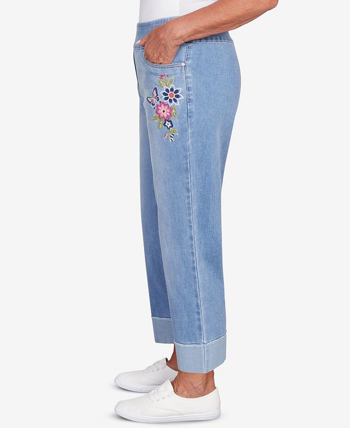 Alfred Dunner Women's In Full Bloom Butterfly Embroidered Denim Capri