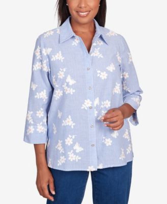 Alfred Dunner Puff Print Pinstripe Embroidered Button Down Top