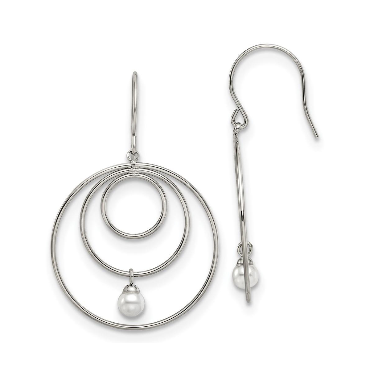 Stainless Steel Polished Imitation Pearl Dangle Earrings - Silver