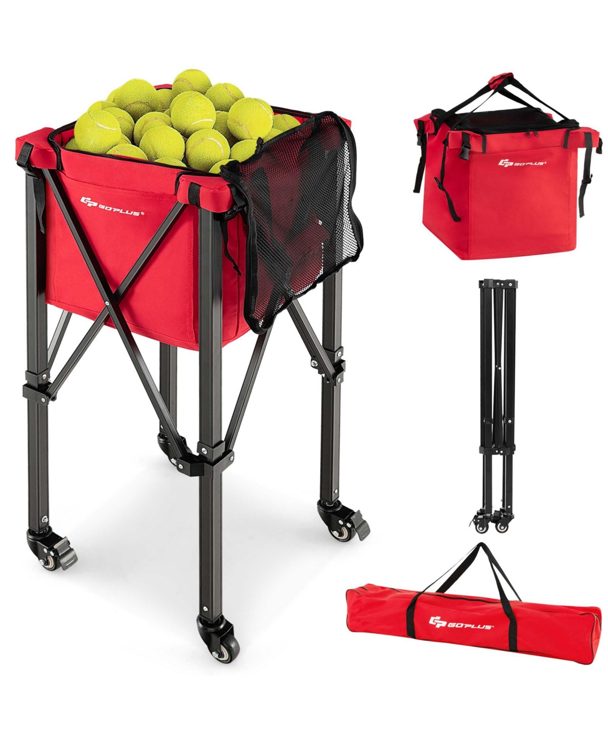 Foldable Tennis Ball Hopper Basket Portable Travel Teaching Cart with Wheels & Bag - Red