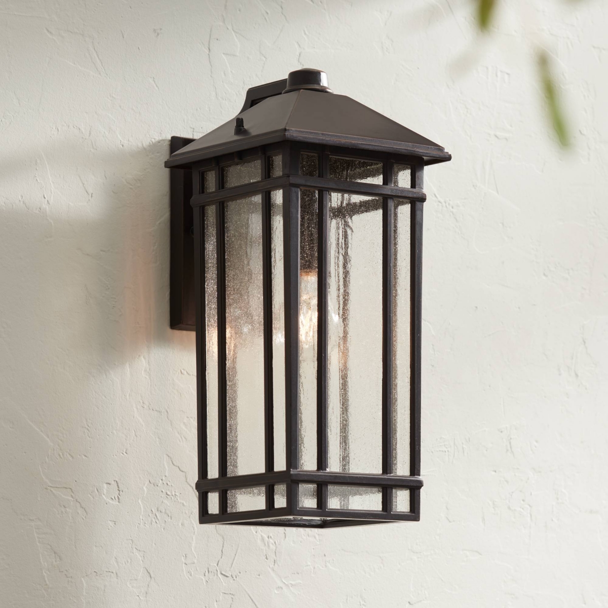 Sierra Craftsman Art Deco Outdoor Wall Light Fixture Rubbed Bronze Brown Steel 16 1/2" Seedy Glass Panels for Exterior House Porch Patio Outside Deck