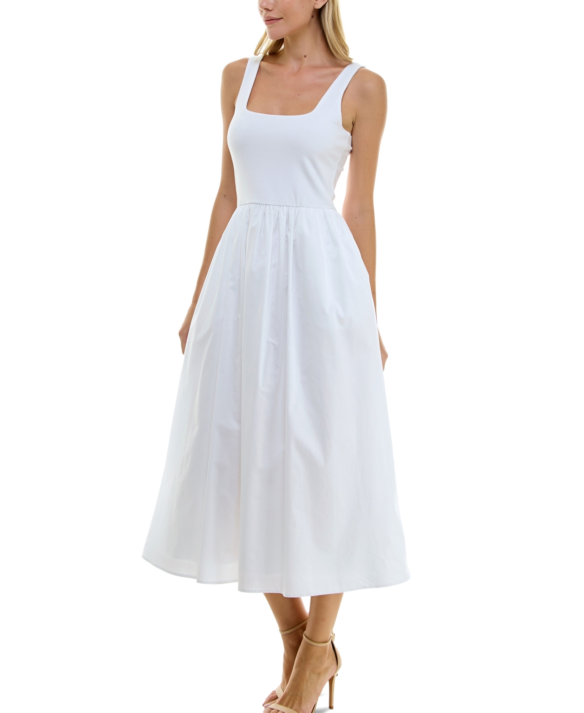 Shop Planet Gold Rosie Harlow Juniors' Square-neck Mix-media Midi Dress In Bright White