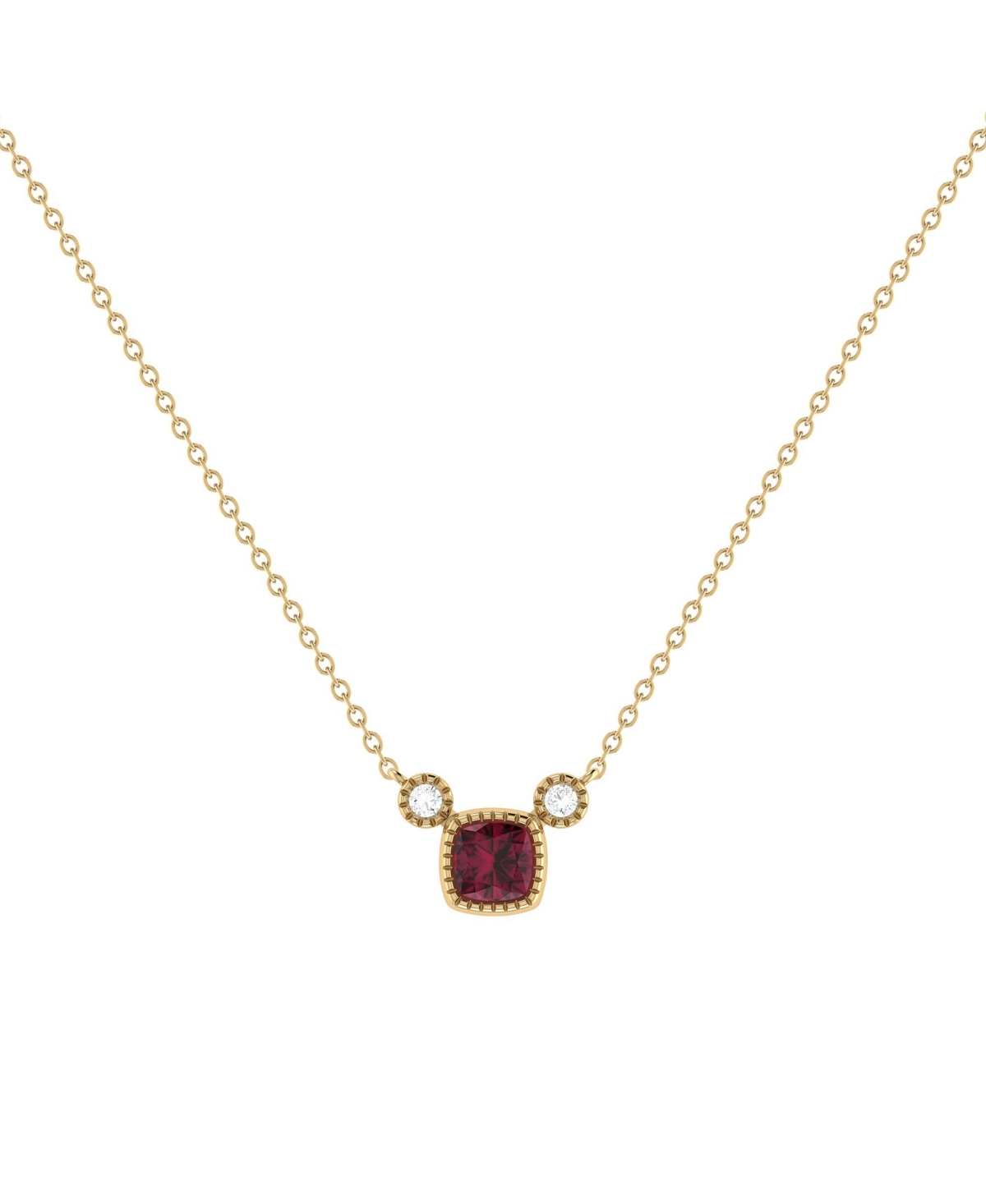 Cushion Ruby Gemstone Round Natural Diamond 14K Yellow Gold Birthstone Necklace - Yellow