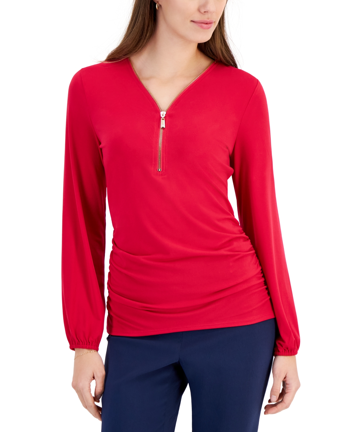 Shop Jm Collection Women's Zip V-neck Ruched Front Top, Created For Macy's In Claret Rose