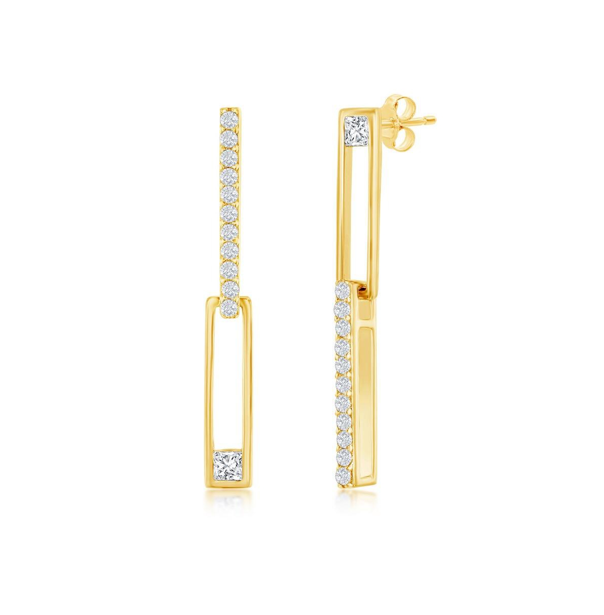 Sterling Silver orPlated over Sterling Silver Asymmetric Paperclip Cz Earrings - Gold