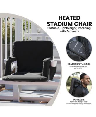 heated reclining with armrests, padded polyester, portable stadium chair with dual pockets and backpack straps.