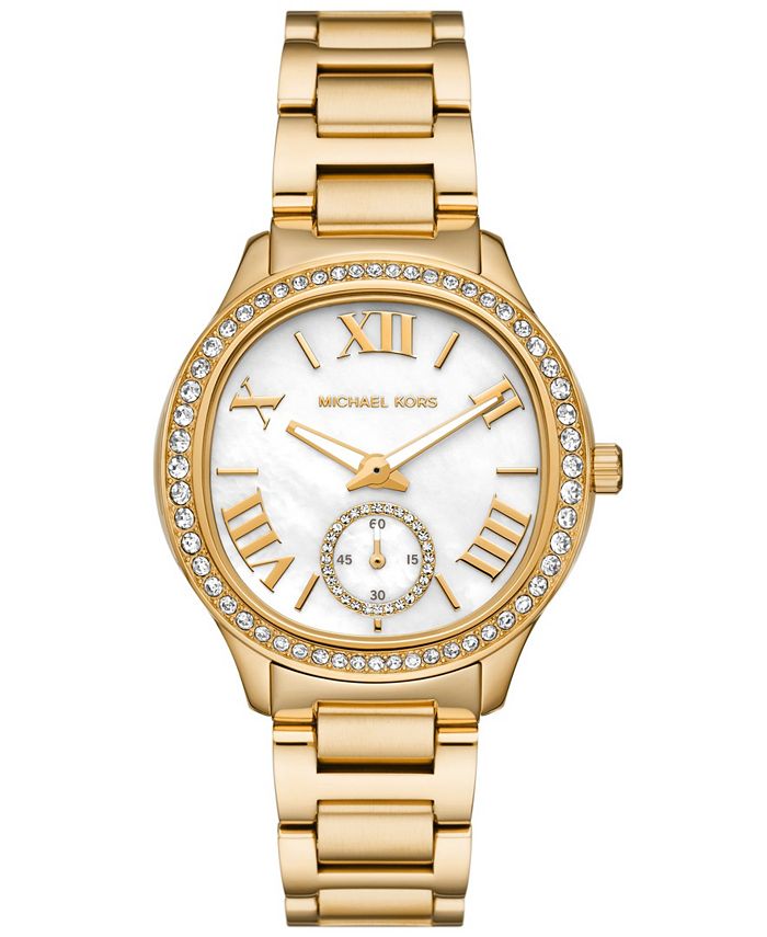 Michael Kors Women's Sage Three-Hand Gold-Tone Stainless Steel Watch ...