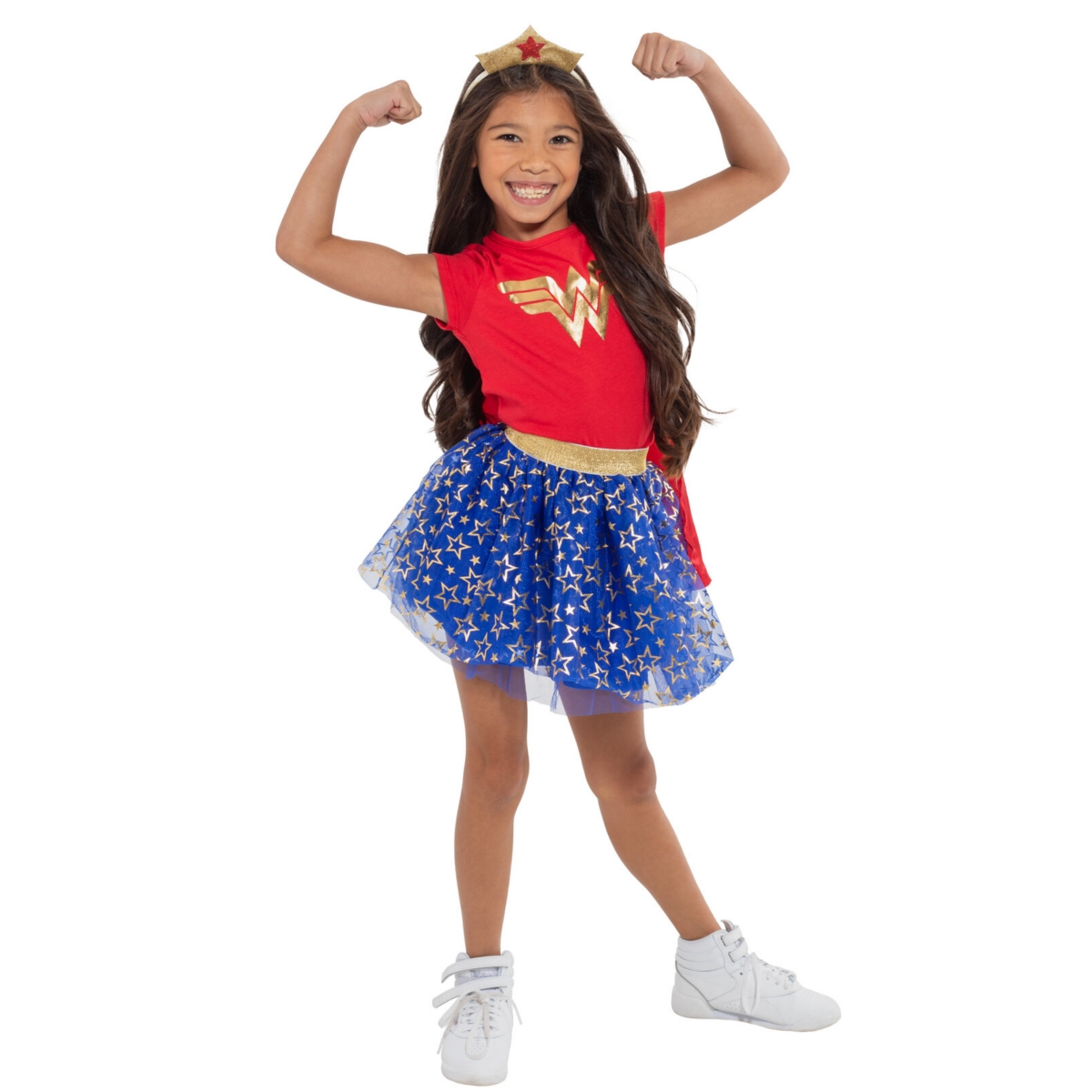 Dc Comics Justice League Wonder Woman Costume T-Shirt Tulle Skirt Headband and Cape 4 Piece Set - Red