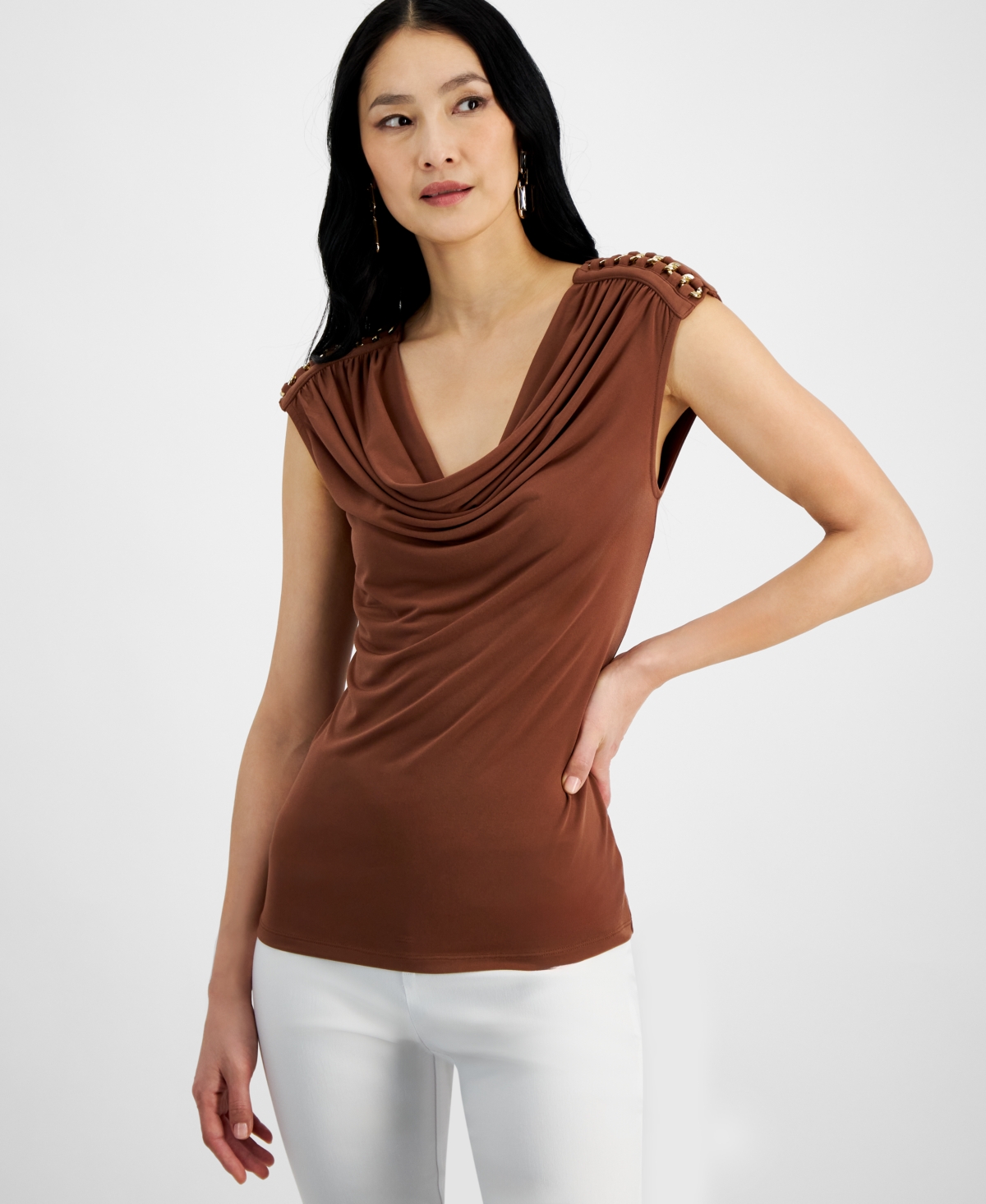 Inc International Concepts Women's Laced-chain-shoulder Top, Created For Macy's In Root Beer
