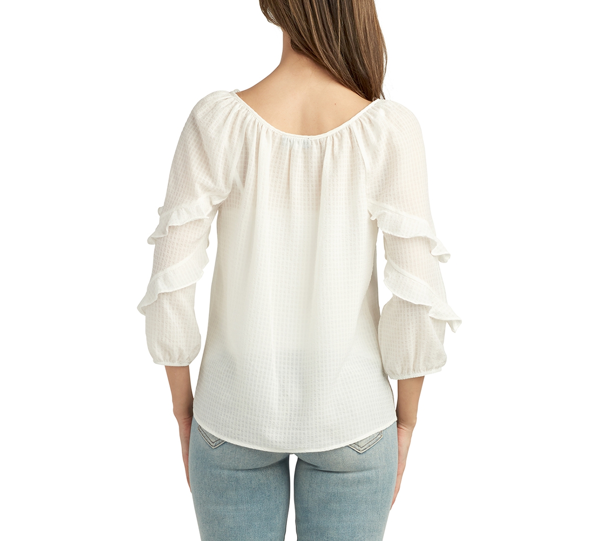 Shop Bcx Juniors' Tie-neck Ruffle-sleeve Peasant Blouse In Off White