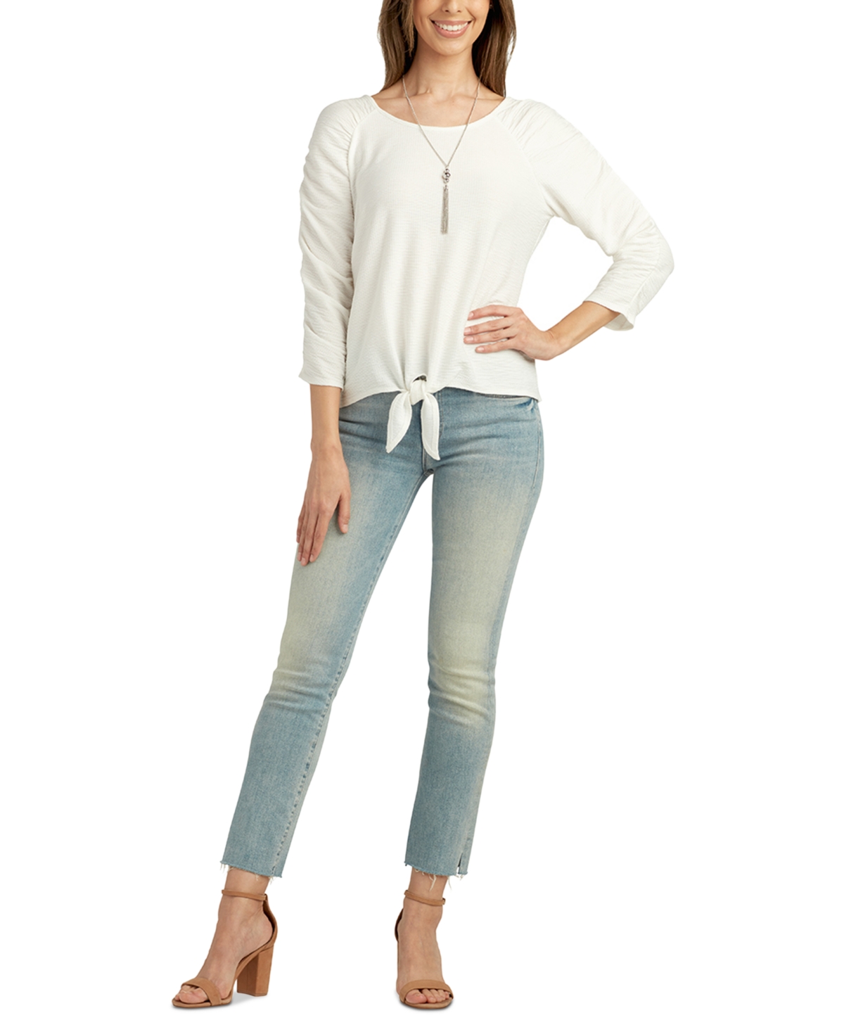 Shop Bcx Juniors' Texture-knit 3/4-sleeve Tie-hem Top In Off White