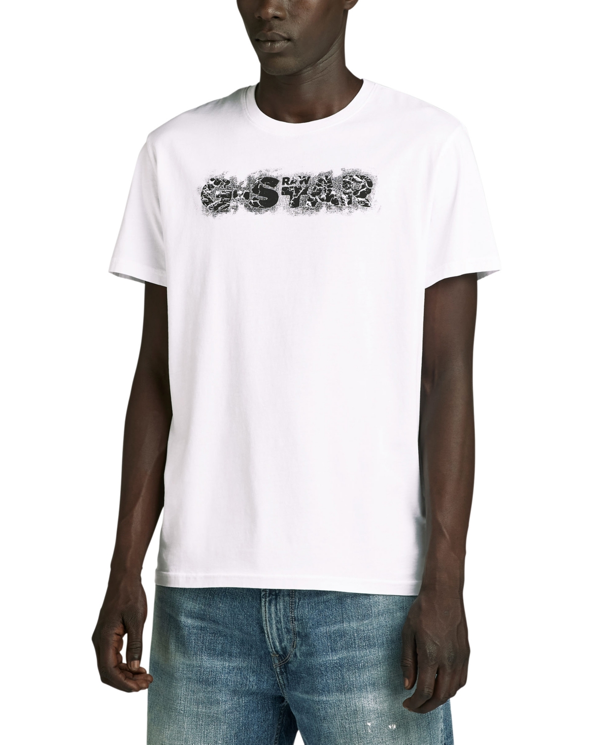 Men's Short Sleeve Crewneck Distressed Logo T-Shirt - White