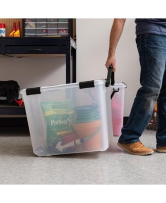 USA 106qt WEATHERPRO Wheeled Plastic Storage Bin with Seal Latching Lid and 6Buckles, Pull Handle 2Pk