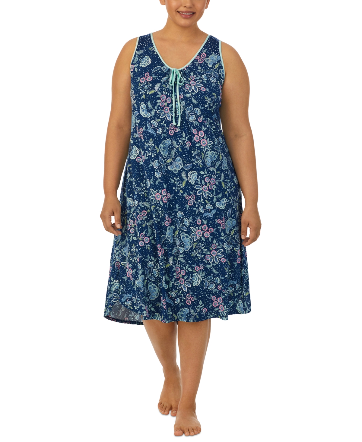 Ellen Tracy Plus Size Printed Sleeveless Midi Nightgown In Navy Floral