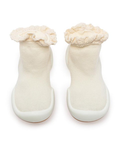 Детские Komuello Infant Girl Breathable Washable Non-Slip Sock Shoes Lace trim - Off White