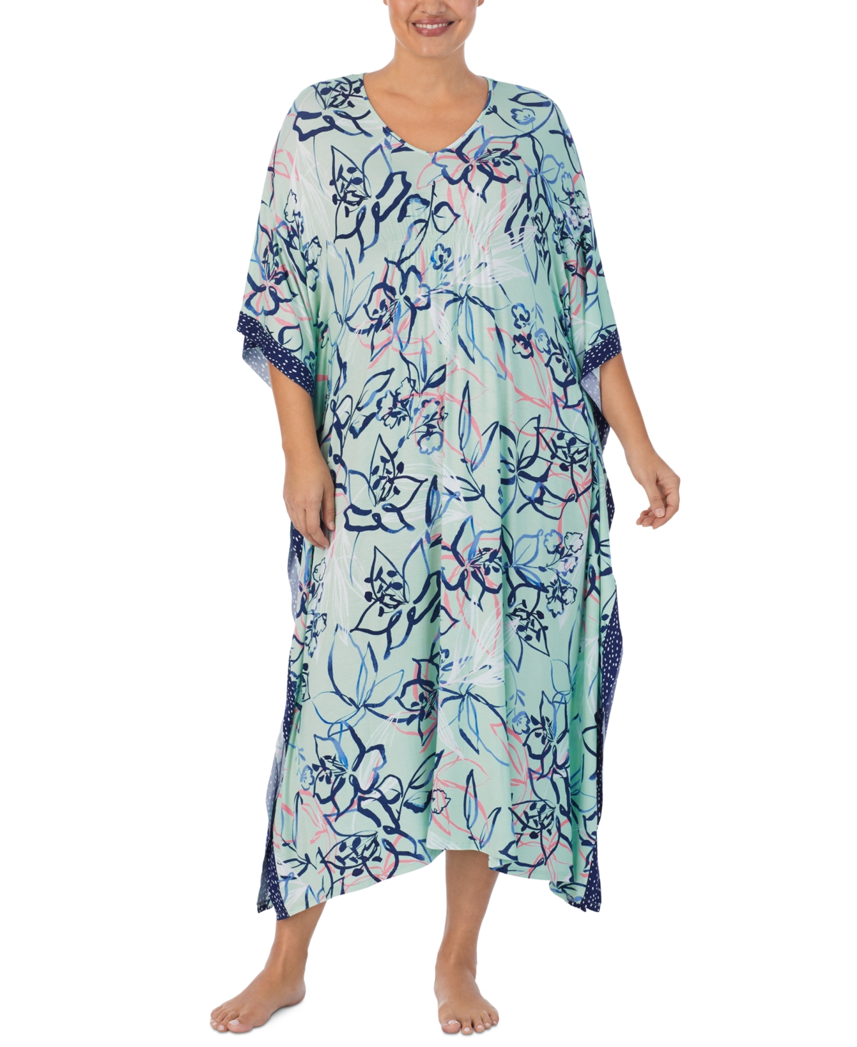 Ellen Tracy Plus Size Printed Caftan Nightgown In Mint Multi