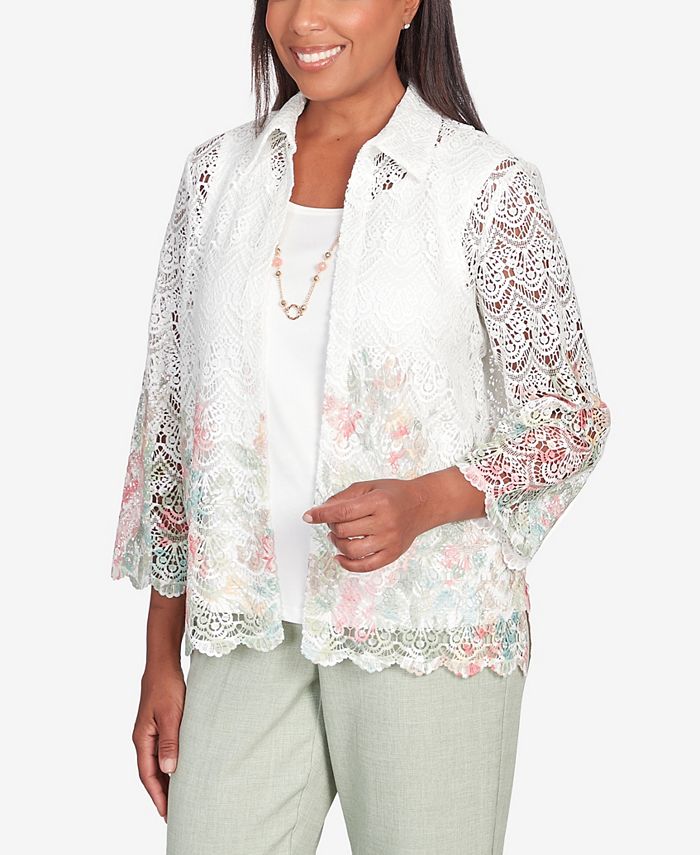 Alfred Dunner Ombre Border Floral Lace Top- Petite