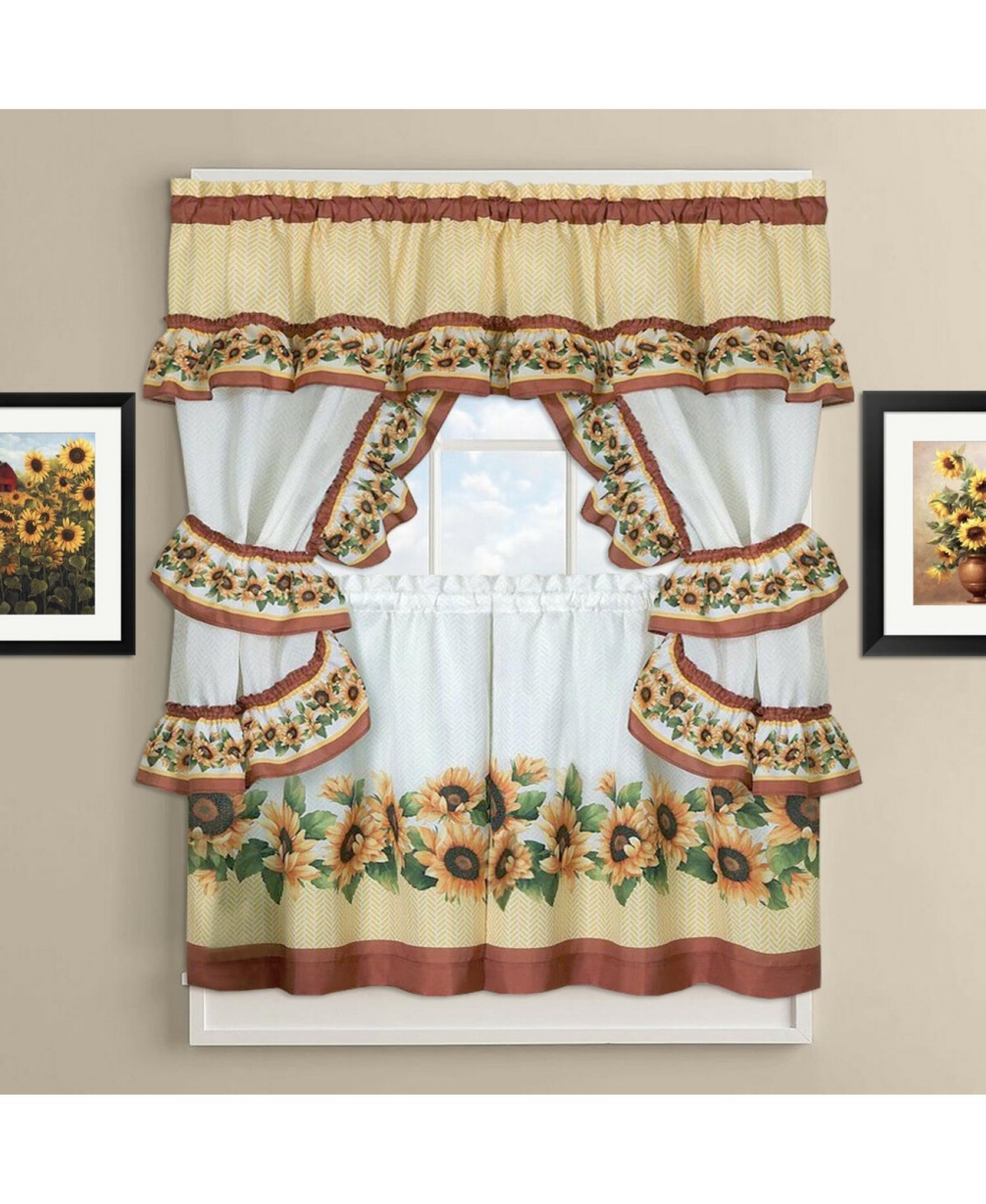 Chevron Sunflower Complete Cottage Kitchen Curtain Tier & Valance Set - Beige