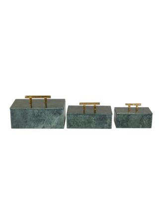 Real Marble Box with Gold-Tone Bar Handles Set of 3 - 12", 10", 8" W