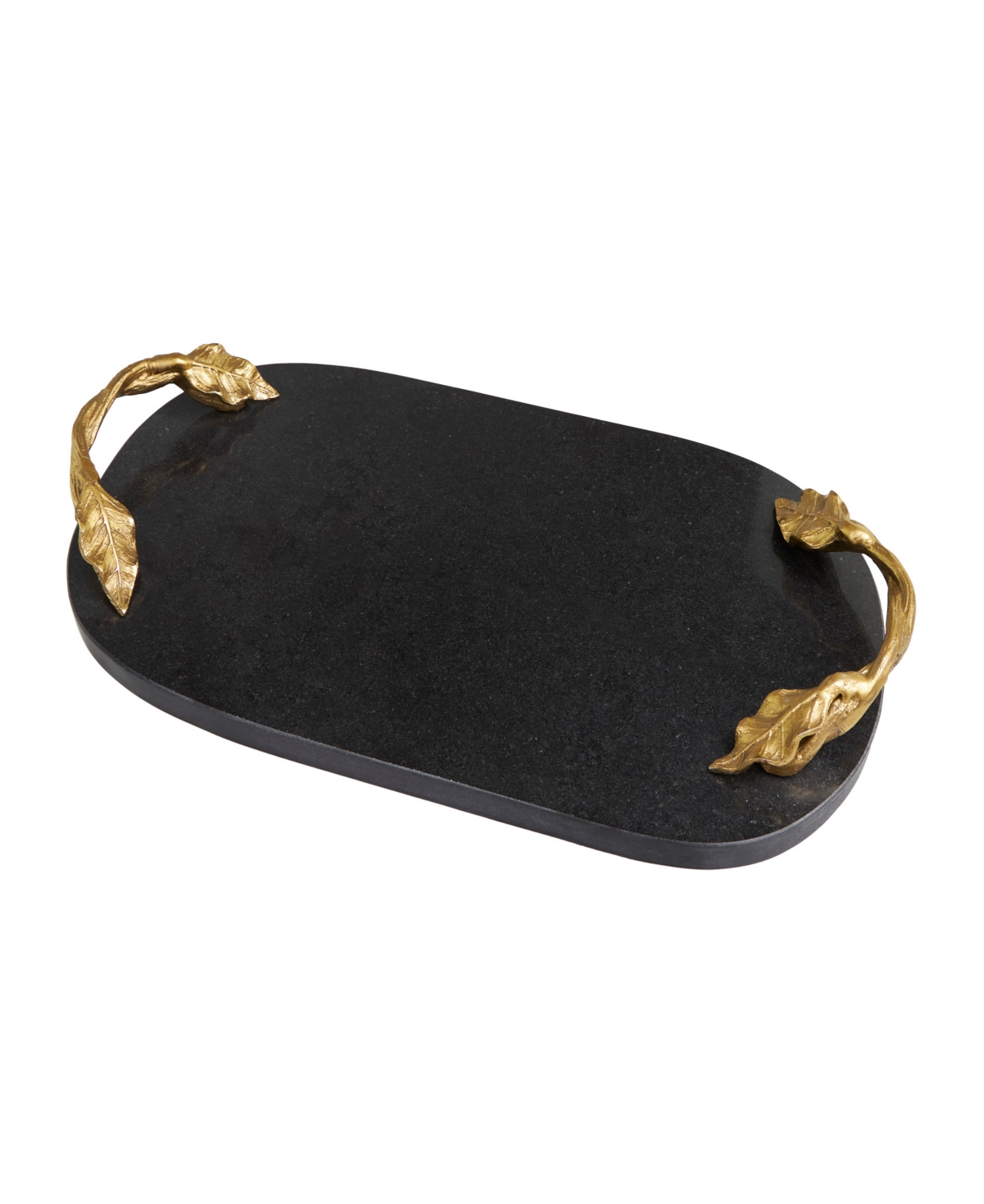 Rosemary Lane Real Marble Oval Tray With Gold-tone Leaf Handles, 19" X 10" X 2" In Black