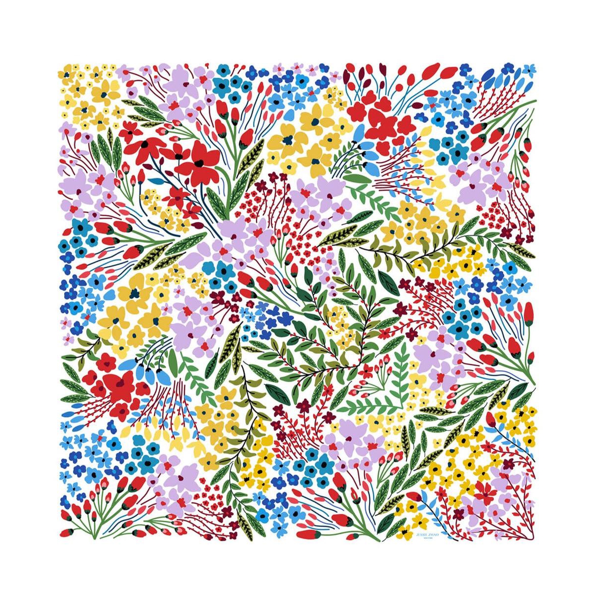 Silk Scarf of Blooms - White, red,blue,green,purple