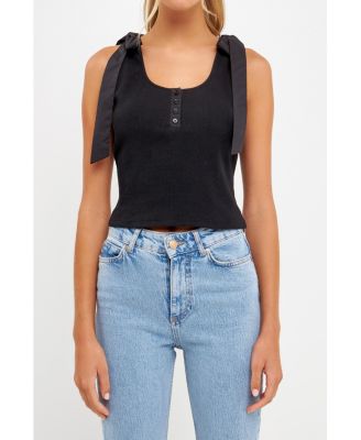 Women's Mixed Media Bow Tie Ribbed Henley Top