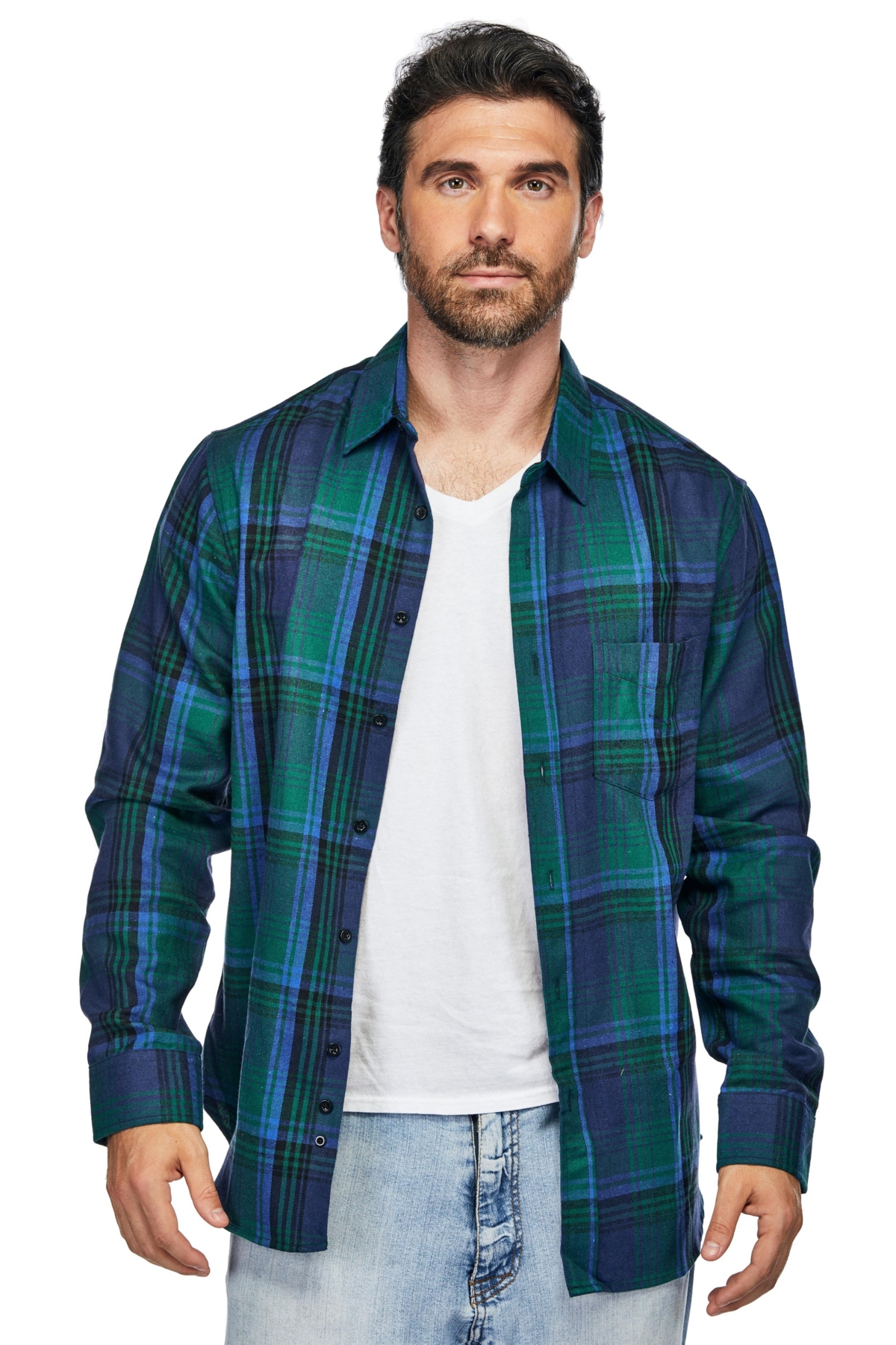 Big & Tall Button Down Classic Fit Flannel Shirt - Navy green