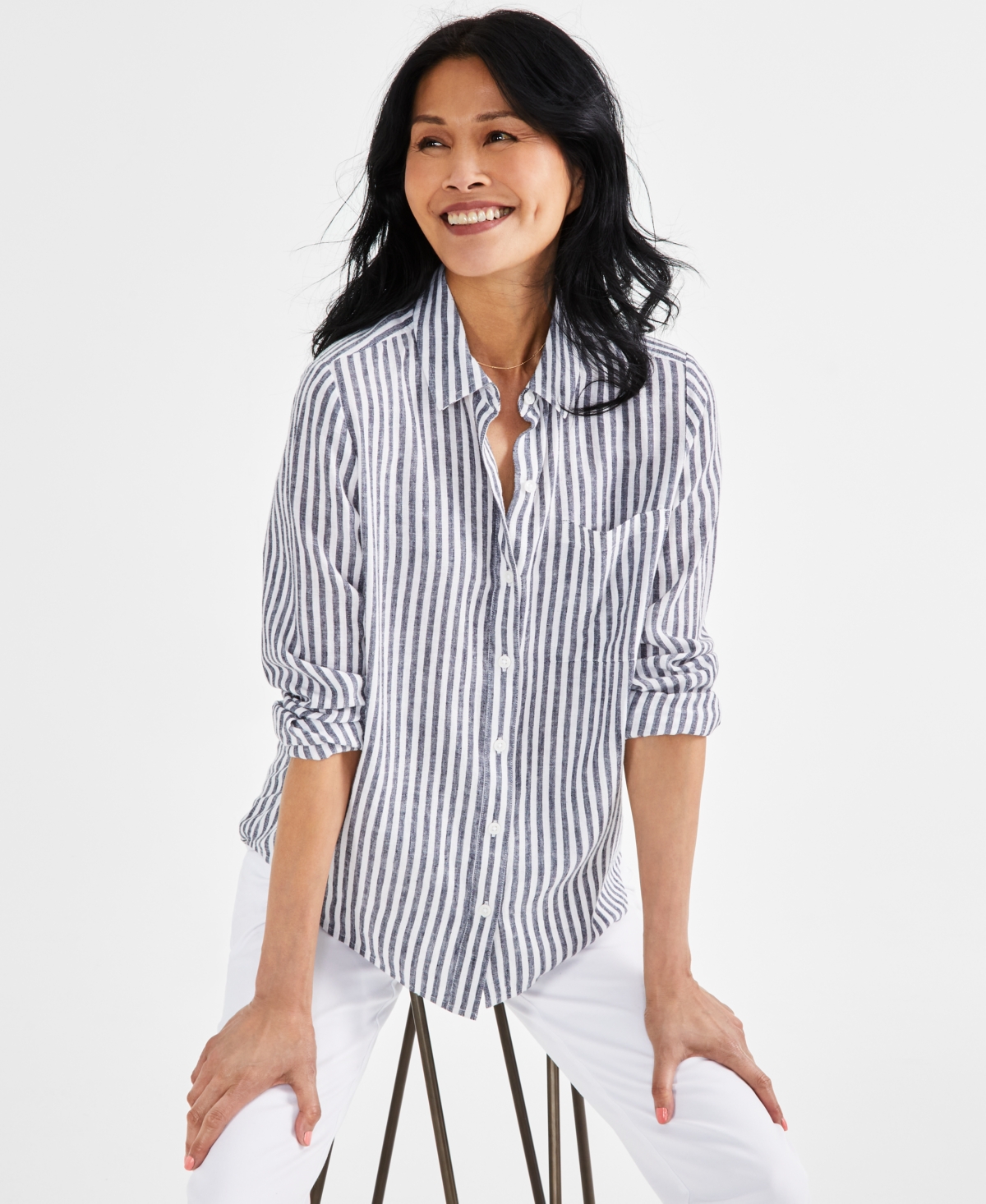 Women's Striped Linen Blend Button-Up Shirt, Created for Macy's - Blue Stripe