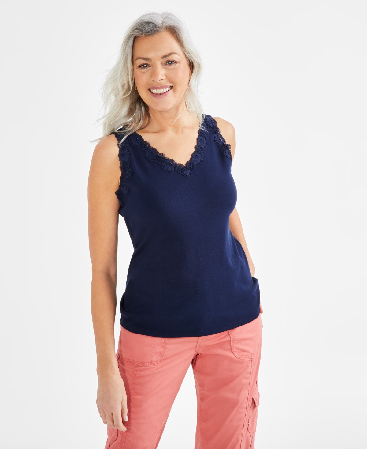 Petite Lace Knit Cotton Tank Top, Created for Macy's - Industrial Blue