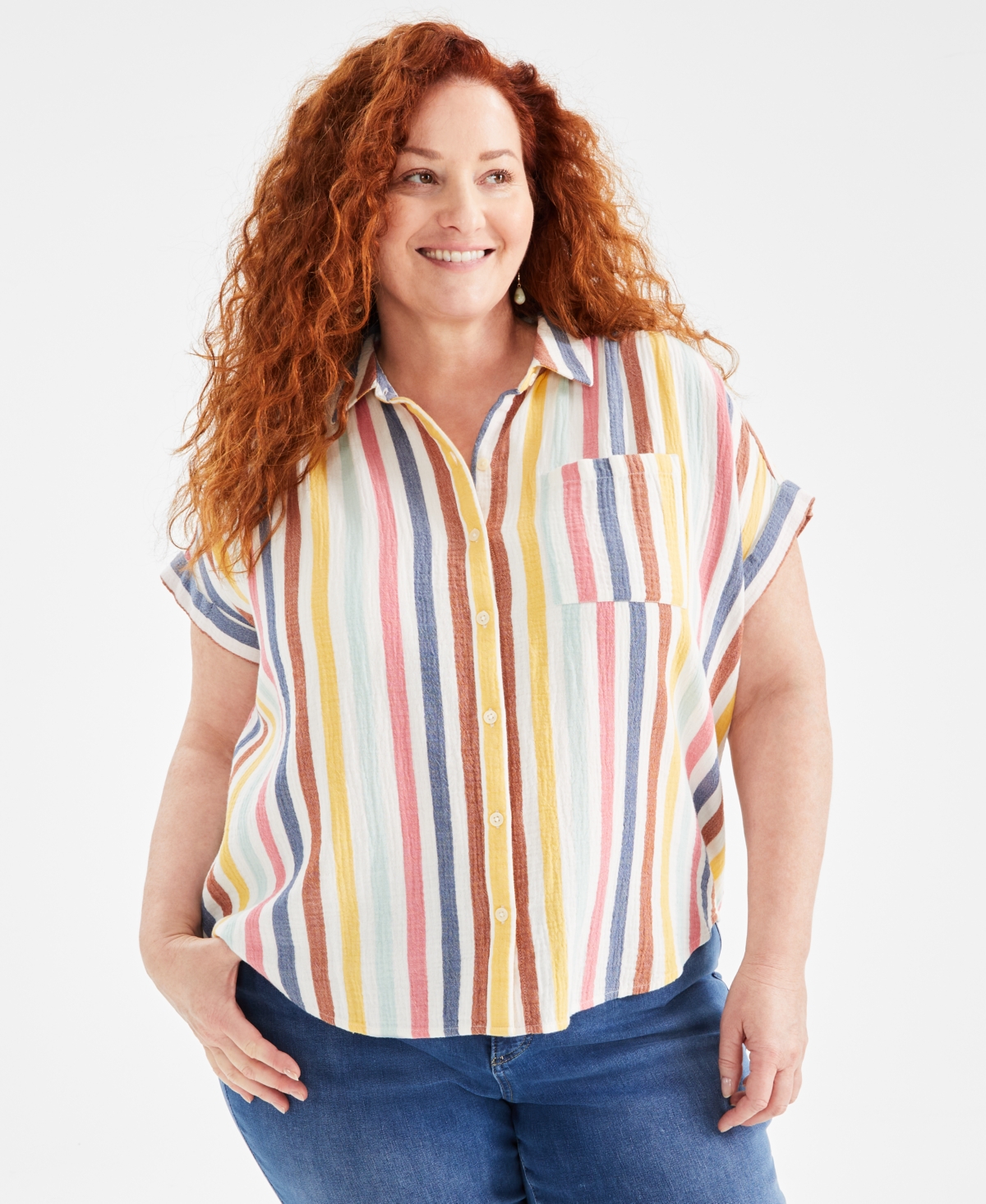 Plus Size Cotton Button-Front Camp Shirt, Created for Macy's - Multi Stripe