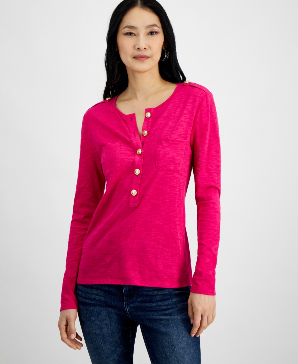 Women's Chest-Pocket Henley, Created for Macy's - Pink Dragonfruit