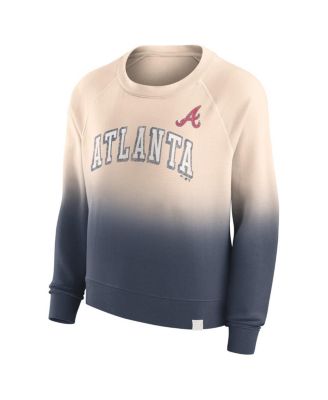 Women's Tan, Navy Distressed Atlanta Braves Luxe Lounge Arch Raglan Pullover Sweatshirt