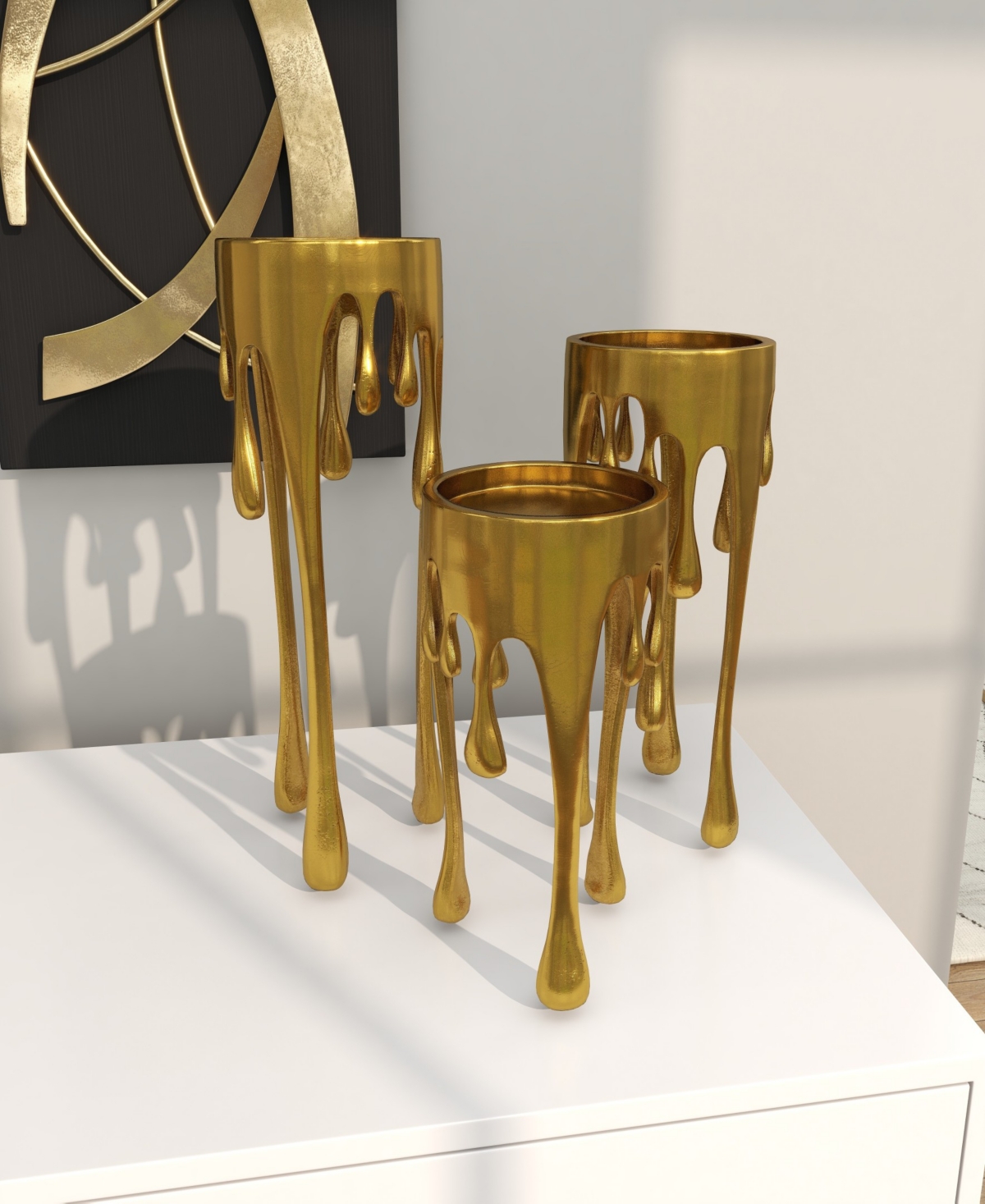 CosmoLiving Aluminum Abstract Pillar Drip Candle Holder Set of 3 - 12", 10", 8" H