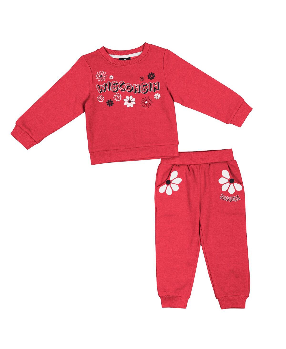 Colosseum Babies' Girls Toddler  Red Wisconsin Badgers Flower Power Fleece Pullover Sweatshirt And Pants