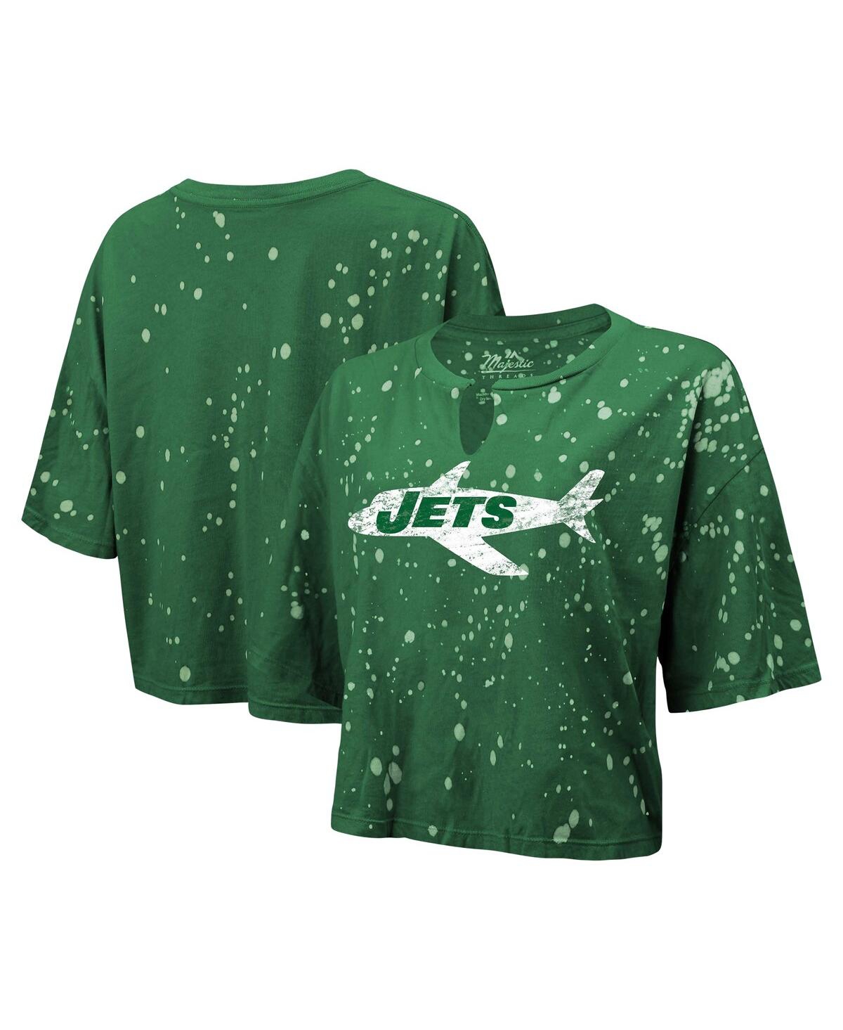 Shop Majestic Women's  Threads Green Distressed New York Jets Bleach Splatter Notch Neck Crop T-shirt