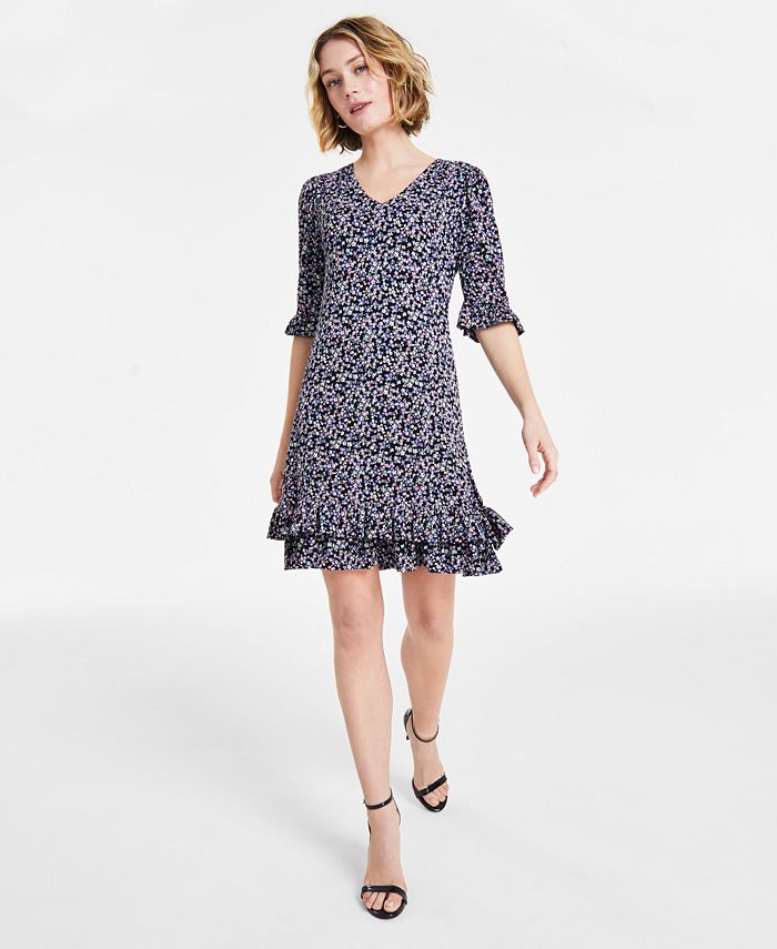 CeCe Women's Floral-Print Ruffled 3/4-Sleeve Dress - Macy's