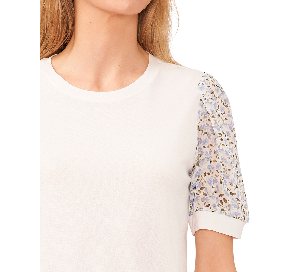 Shop Cece Women's Ditsy Floral Mixed Media Short Sleeve Top In New Ivory