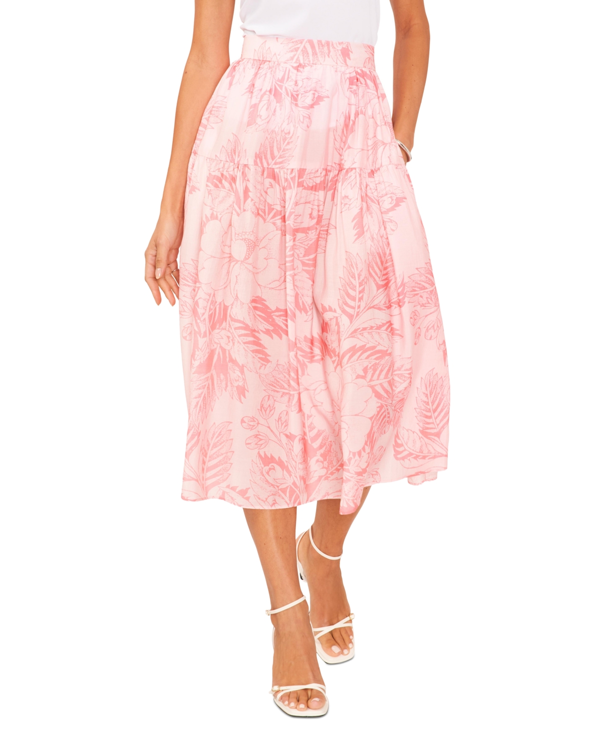 1.state Women's Printed Low Yoke Puffy Midi Skirt In Rose Gauze
