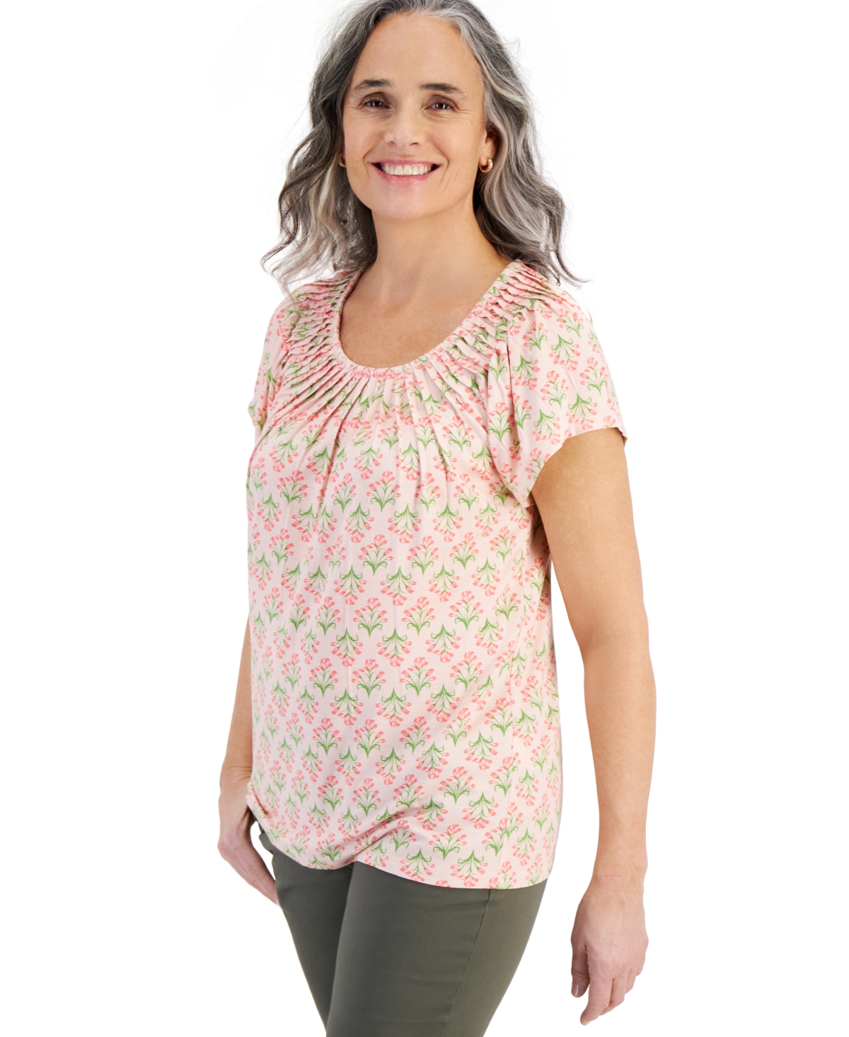 Women's Printed Pleated Scoop-Neck Top, Created for Macy's - Flower Pink