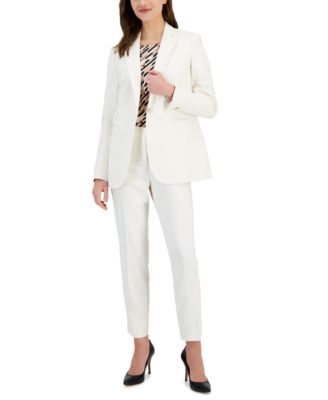 Anne Klein Womens One Button Notch Collar Jacket Printed Boat Neck Top Slim Fit Ankle Pants In Anne White