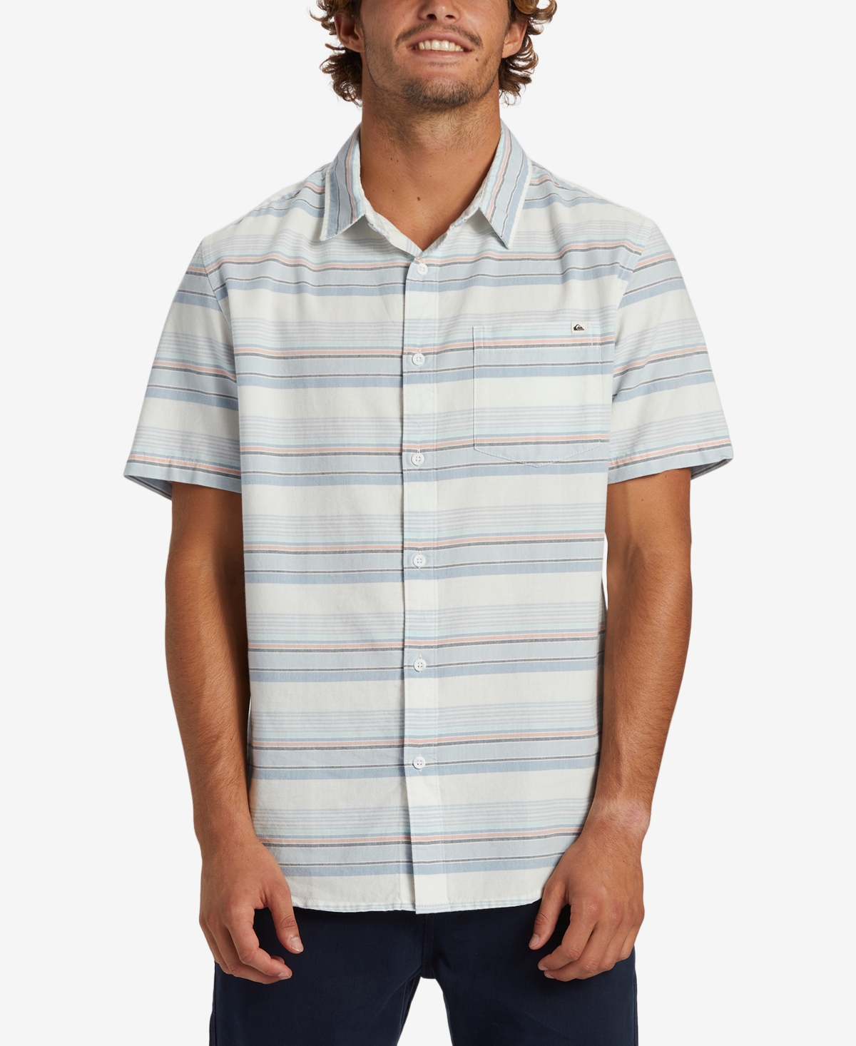 Shop Quiksilver Men's Oxford Stripe Classic Short Sleeve Shirt In Blue Fog Oxford Stripe Short Sleeve