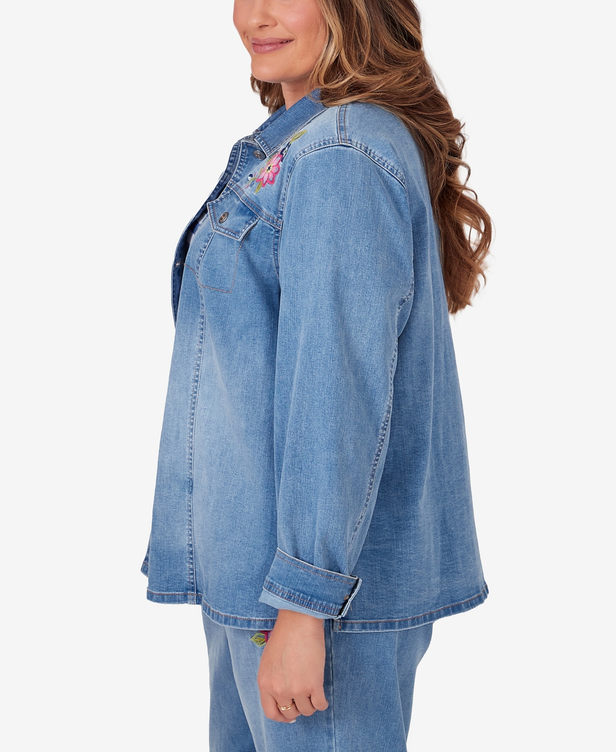 Shop Alfred Dunner Plus Size In Full Bloom Butterfly Embroidered Denim Shirt Jacket In Light Denim