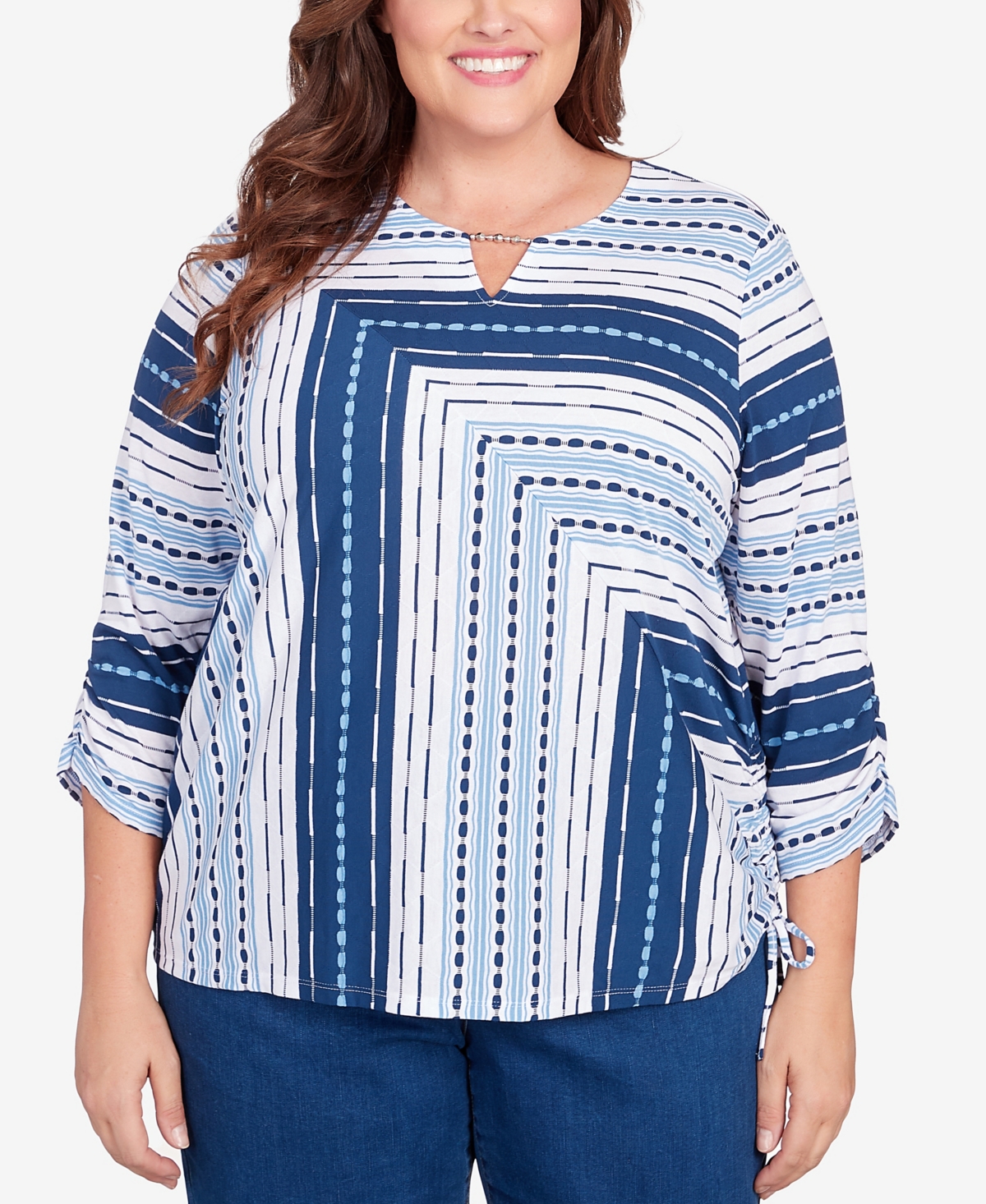 Plus Size In Full Bloom Spliced Texture Stripe Side Tie Top - Multi